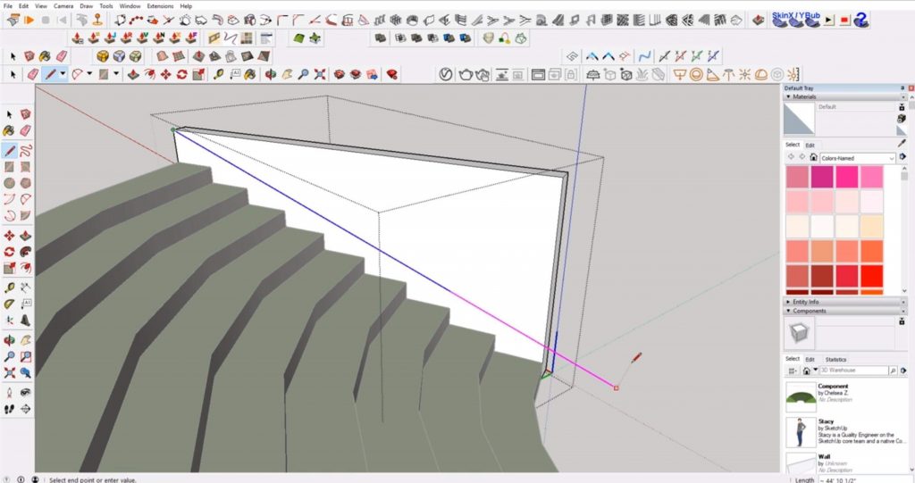 extend line beyond sloped wall in Sketchup