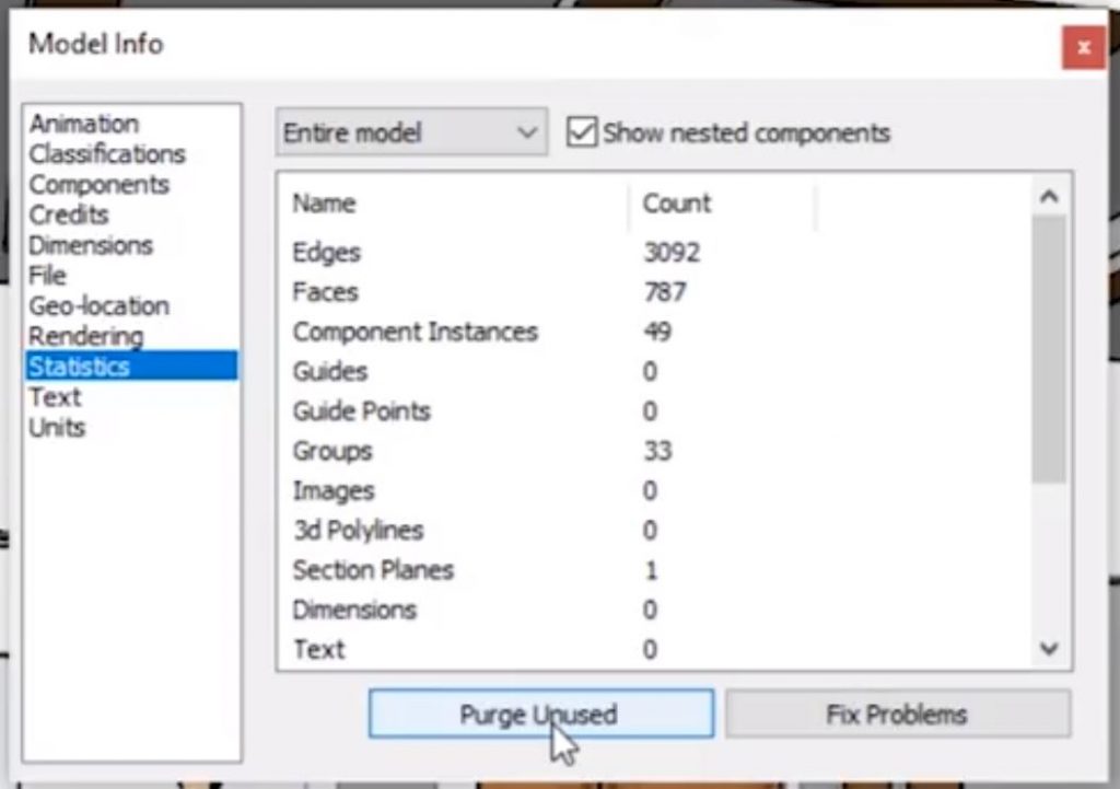 purge unused components to reduce Sketchup file size